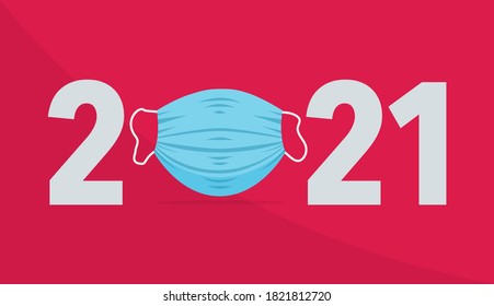 Happy New Year 2021. 2021 With A Protective Face Mask.  Face Mask For Covid-19 Coronavirus On Red Background