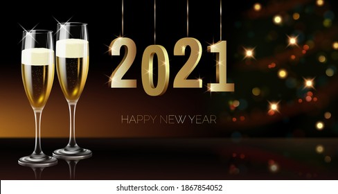 Happy New Year 2021. Realistic vector illustration with glasses of champagne, golden 3D numbers and Christmas tree on a dark background