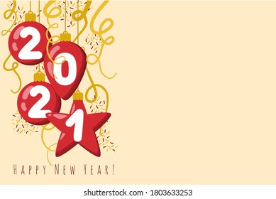 Happy New Year. 2021. New Year 2021. Red Christmas balls in the shape of a star, a cone, a ball surrounded by confit and ribbons. Vector illustration for congratulations, calendar, banner for the site