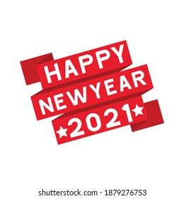 Happy New year 2021 with red ribbons and white text on white background