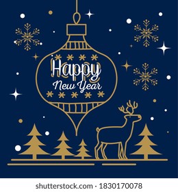 Happy new year 2021 with reindeer sphere and pine trees design, Welcome celebrate and greeting theme Vector illustration