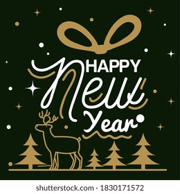 Happy new year 2021 with reindeer and pine trees design, Welcome celebrate and greeting theme Vector illustration