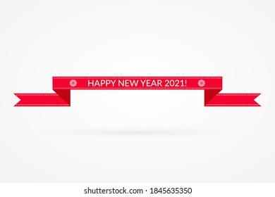 Happy New Year 2021 ribbon illustration. Winter holiday decoration vector symbol. Isolated red and white sign. Decorative icon with snowflakes for celebration