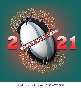 Happy new year 2021 and rugby ball with rugby player and fans. Creative design pattern for greeting card, banner, poster, flyer, party invitation. Vector illustration