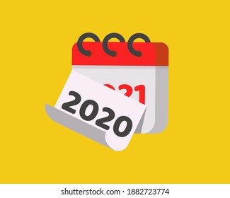 Feliz Año Nuevo 2021 y di adiós al concepto 2020: Icono blanco y rojo plano diseño año 2018 y 2019 aislado en fondo amarillo. Icono lindo y colorido