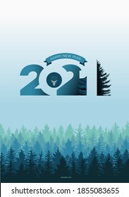 Happy New Year 2021 script text design lettering. Template Celebration typography poster, banner or greeting card for Merry Christmas & 2021 New Year. Vector illustration on green forest background.