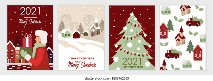 Happy New Year 2021! Set of festive Christmas cards. Cartoon flat colorful style. Vector illustration. Gifts, houses, city, car and Christmas tree. A set of templates for cards, banners, posters.