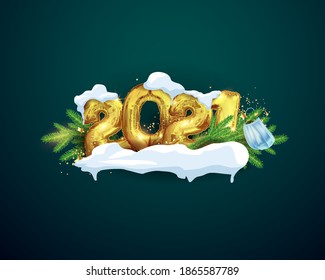 Happy New Year 2021. Set of Golden balloons. Background design metal figures of 2021 under snow caps on the background of a Christmas tree, a Protective mask hanging on a branch. Vector illustration