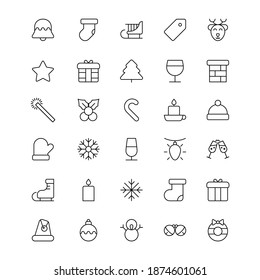 Happy new year 2021. Set vector line icon. Contains icons such as Christmas Tree, Bow, Balloons, Candle, Candy, Gift Box, Star, Snowflake, Champagne, Deer. EPS 10