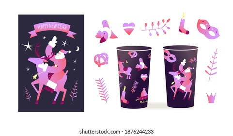happy new year 2021 set of flat vector illustrations . Santa riding a deer with design elements,gingerbread in the form of a heart. carnival mask, pretzel. crown
