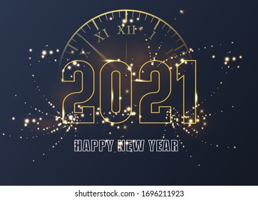 Happy New Year 2021- New Year Shining background with gold clock and glitter