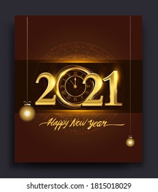 Happy New Year 2021 - New Year Shining background with gold clock and glitter.