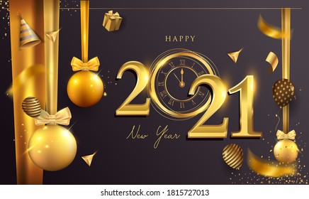 Happy New Year 2021 - New Year Shining Background with Gold Clock and Glitter.