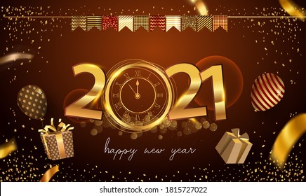 Happy New Year 2021 - New Year Shining Background with Gold Clock and Glitter.