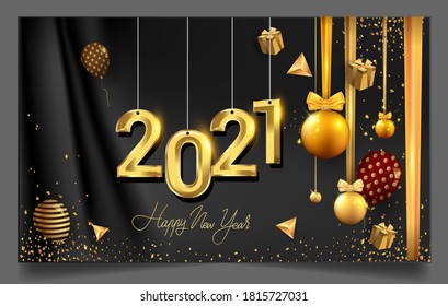 Happy New Year 2021 - New Year Shining Background with Gold Ribbon and Glitter, Elegant Design.