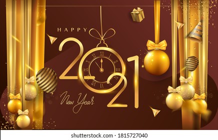 Frohes Neujahr 2021 - Neujahrsglänzender Hintergrund mit Gold Clock und Glitter.