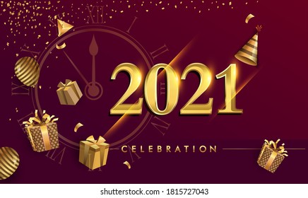 Happy New Year 2021 - New Year Shining Background with Gold Clock and Glitter.