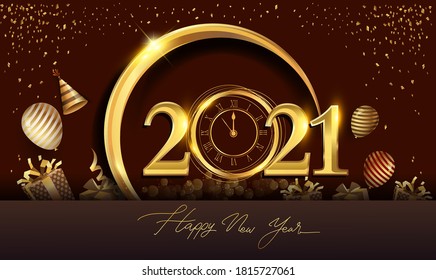 Happy New Year 2021 - New Year Shining Background with Gold Clock and Glitter.