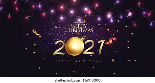 Happy New Year 2021- New Year Shining background with Christmas ball vector gold clock and glitter.