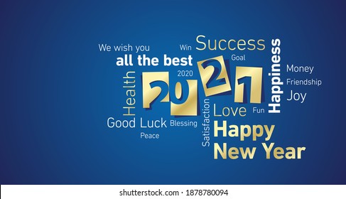 Happy New Year 2021 shining gold white word cloud blue board background