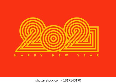 Happy New Year 2021 simple oriental design with striped yellow numbers on red background. Elegant vector illustration for printed matter or web design 