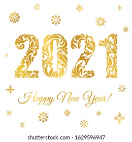 Happy New Year 2021. Snowflakes and golden figures with made in floral ornament isolated on a white background.