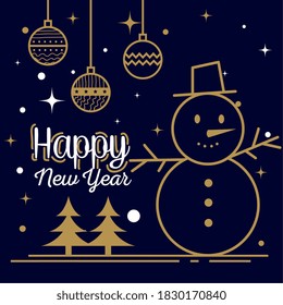 Happy new year 2021 with snowman spheres and pine trees design, Welcome celebrate and greeting theme Vector illustration