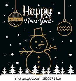 Happy new year 2021 with snowman spheres and pine trees design, Welcome celebrate and greeting theme Vector illustration