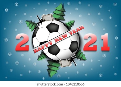 Happy new year 2021 and soccer ball with Christmas trees on an isolated background. Football player scores a goal. Design pattern for greeting card. Vector illustration