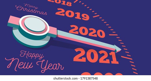 Happy new year 2021. A speedometer or clock hand indicating the arrival of the new year. Vector 3d illustration