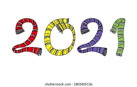 Happy new year 2021 template. The numbers are drawn with multicolored scarves with ethnic black and white ornaments. Design for banner, greeting card, brochure or print. Isolated over white background