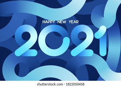 Happy New Year 2021 template. Beautiful blue gradient paper text design. Vector illustration