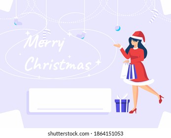 Happy New Year 2021 template. Woman holding Christmas gift and blank text next to it. Celebrate the feast of 2021. Christmas posters, banners, cover cards, brochures, flyers.