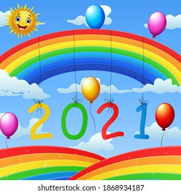Happy New Year 2021 template design with rainbow and balloons