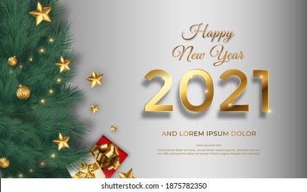 Happy New year 2021 template with realistic gift box and tree, Suitable for social media post, web background and internet ads. Vector illustration.