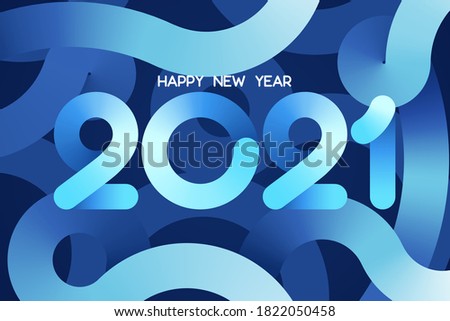 Happy New Year 2021 template. Beautiful blue gradient paper text design. Vector illustration