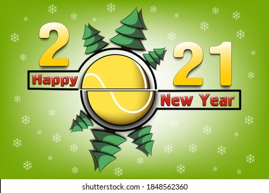 Happy new year 2021 and tennis ball with Christmas trees on an snowflakes background. Creative design pattern for greeting card, banner, poster, flyer, party invitation, calendar. Vector illustration