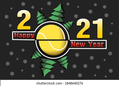 Happy new year 2021 and tennis ball with Christmas trees on an snowflakes background. Creative design pattern for greeting card, banner, poster, flyer, party invitation, calendar. Vector illustration