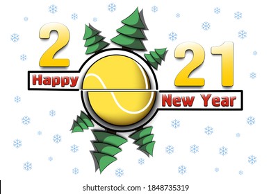 Happy new year 2021 and tennis ball with Christmas trees on an snowflakes background. Creative design pattern for greeting card, banner, poster, flyer, party invitation, calendar. Vector illustration