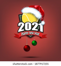 Happy new year 2021. Tennis logo template design. Tennis ball in santa hat. Pattern for banner, poster, greeting card, party invitation. Vector illustration