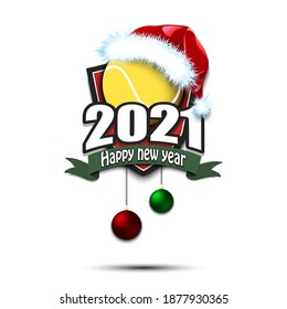 Happy new year 2021. Tennis logo template design. Tennis ball in santa hat. Pattern for banner, poster, greeting card, party invitation. Vector illustration