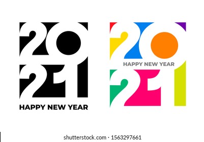 Happy New Year 2021 text design. Set of cover of business diary for 2021 with wishes colored, black and white. Brochure design template, card, banner. Vector illustration. Isolated on white background