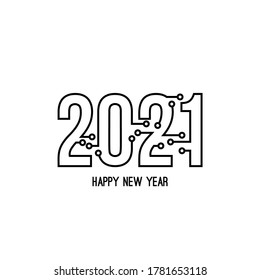 Happy new year 2021 text design with high tech circuit board texture. Vector illustration.