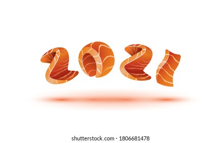 Happy New Year 2021 text design. Salmon style numbers for sushi calendar background.