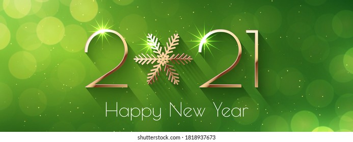 Happy New Year 2021 text design. Vector greeting illustration with golden numbers and snowflake