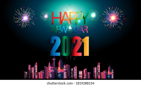 Happy new year  2021 text- Fireworks Colorful  - Building in the city- background Vector illustration.