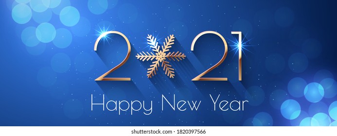 Happy New Year 2021 text design. Vector greeting illustration with golden numbers and snowflake