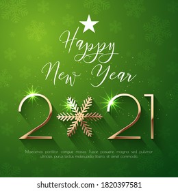 Happy New Year 2021 text design. Vector greeting illustration with golden numbers and snowflake