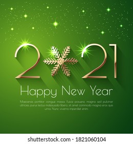 Happy New Year 2021 Text Design. Vector Greeting Illustration With Golden Numbers And Snowflake