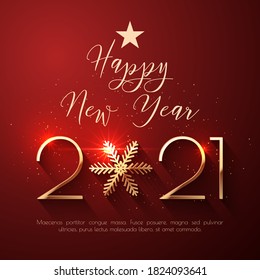 Happy New Year 2021 text design. Vector greeting illustration with golden numbers and snowflake